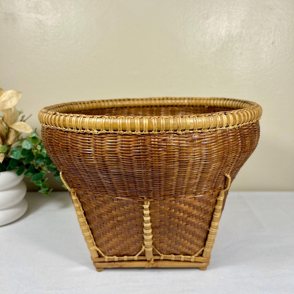 Vintage Dark Brown Woven Wicker Rattan and Bamboo Basket